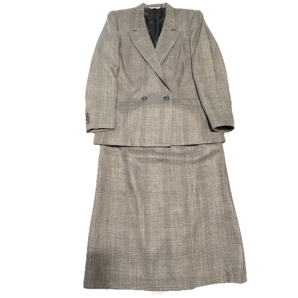 Vintage Gilmor‎ Women's Wool Suit Blazer & Skirt Size 7/8 Black White Plaid